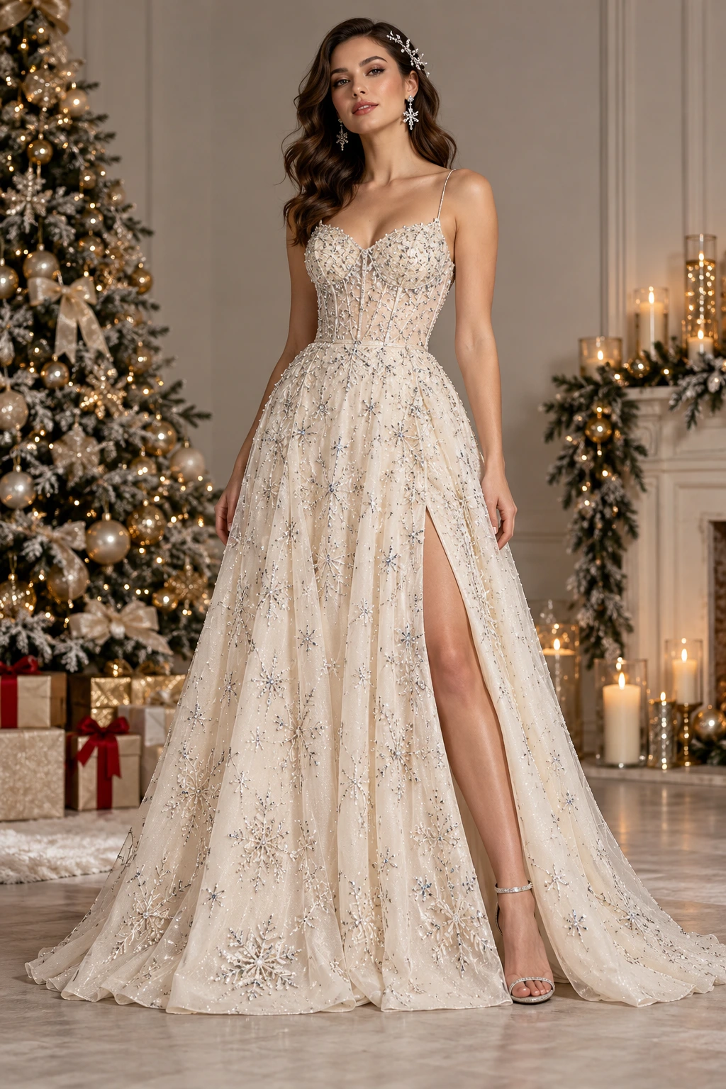 Western ivory evening gown with snowflake crystal embroidery for Christmas