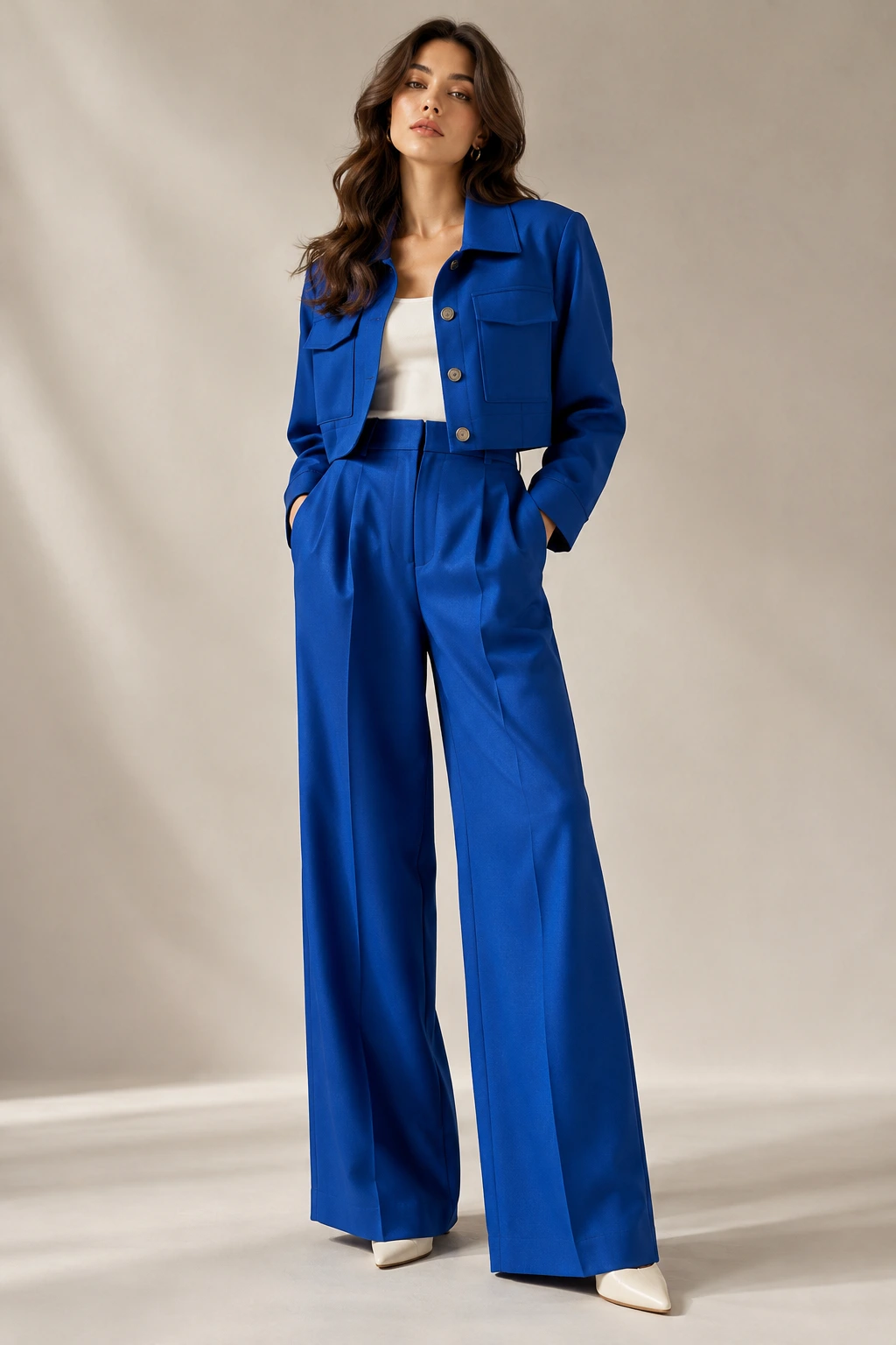 cobalt boxy cropped jacket and wide trousers