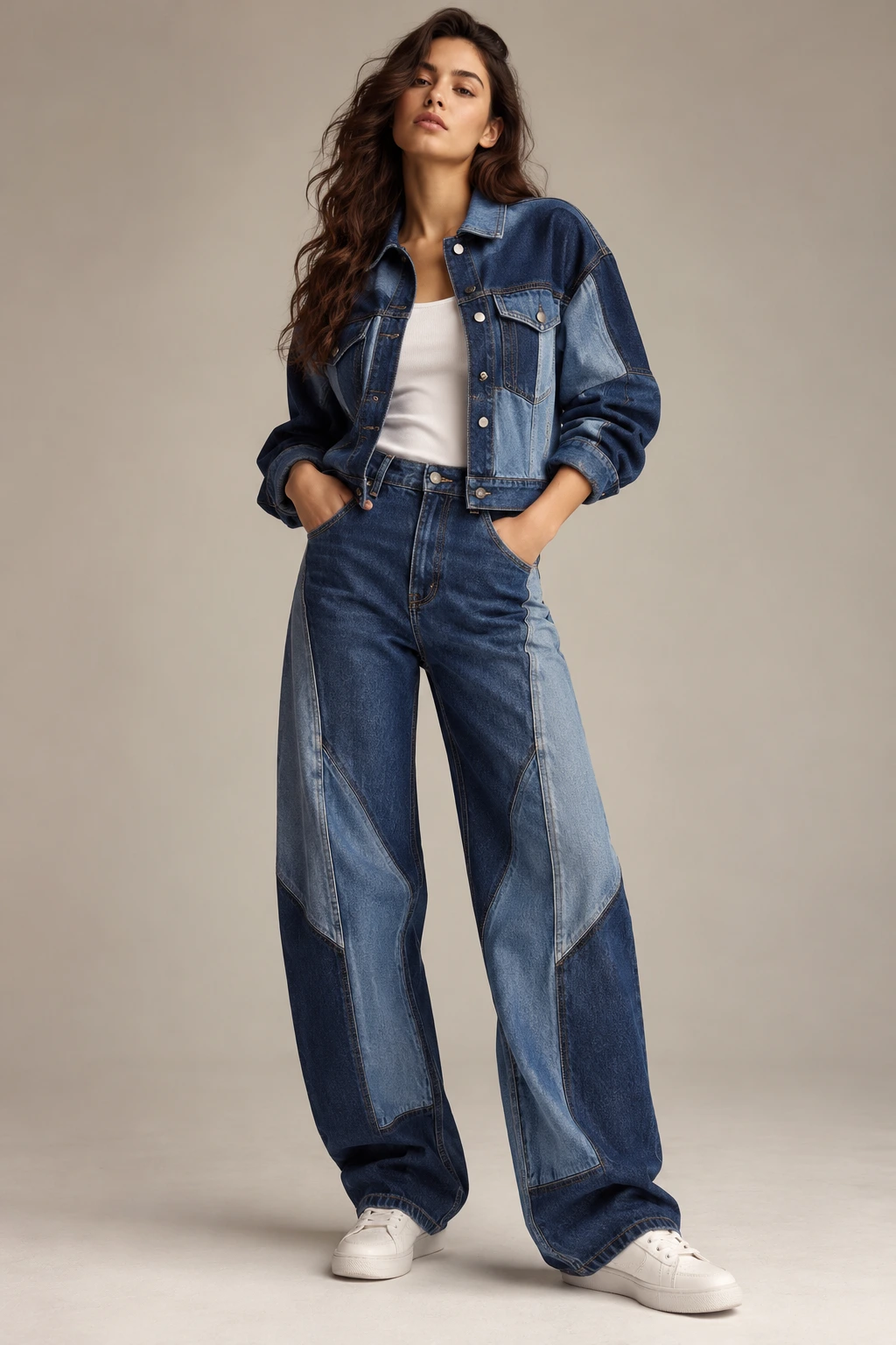 indigo panelled denim jacket and barrel jeans