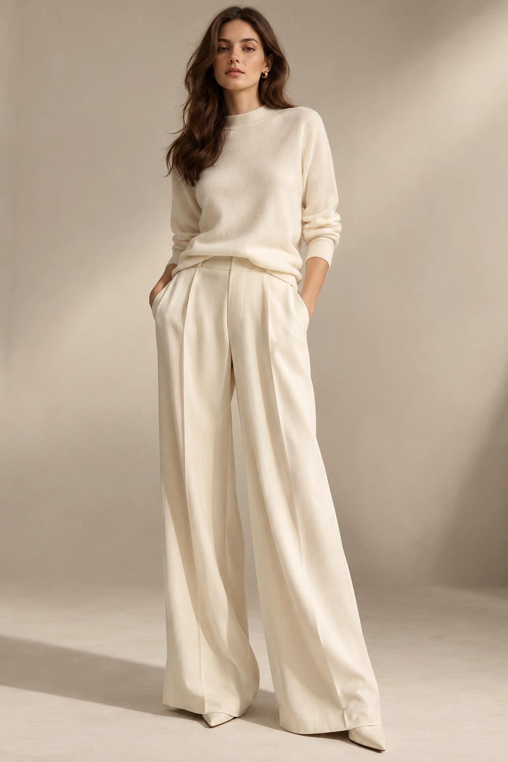ivory cashmere top and fluid wide trousers
