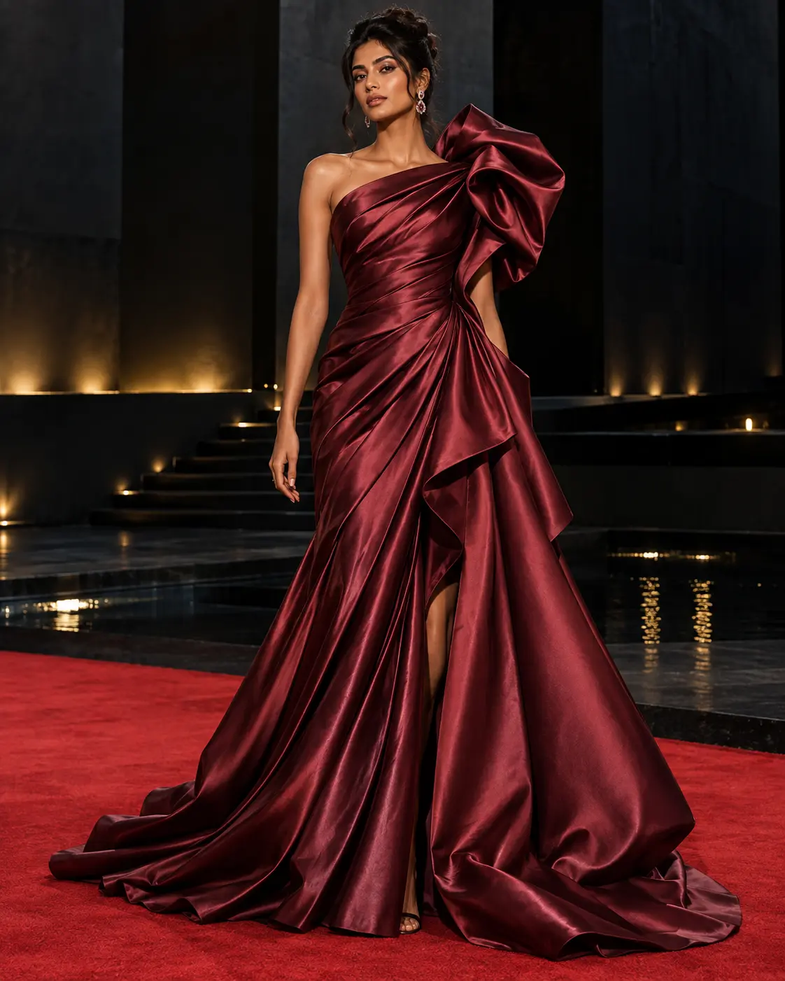 HD AI couture editorial of dramatic burgundy draped evening gown with architectural satin shoulder