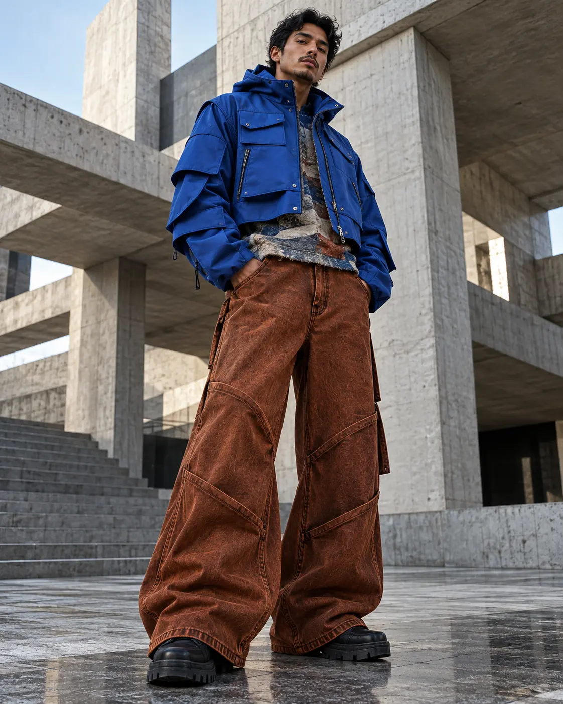 HD AI contemporary streetwear editorial of man in modular cobalt jacket and oversized rust denim trousers