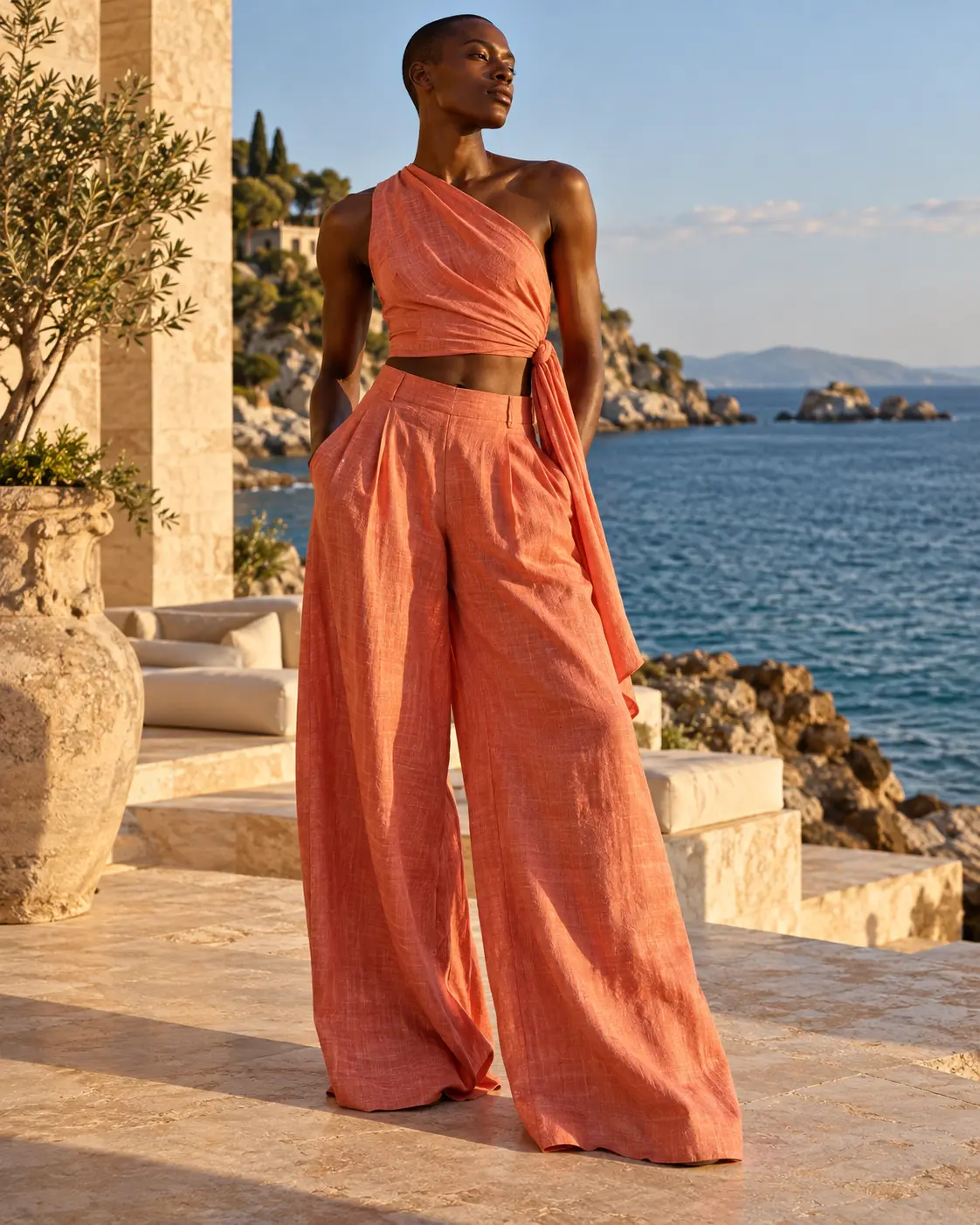 HD AI resort fashion editorial of adult Black model in coral asymmetrical linen top and wide trousers by sea