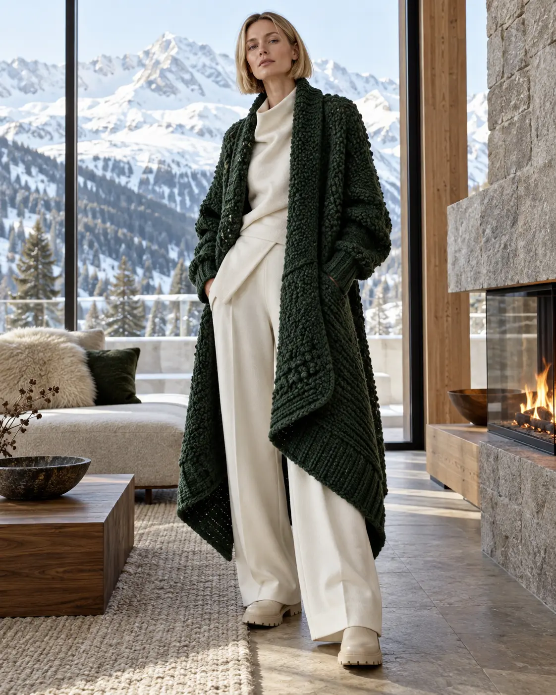 HD AI fashion editorial of adult woman in forest green textured knitted longline coat in Alpine interior