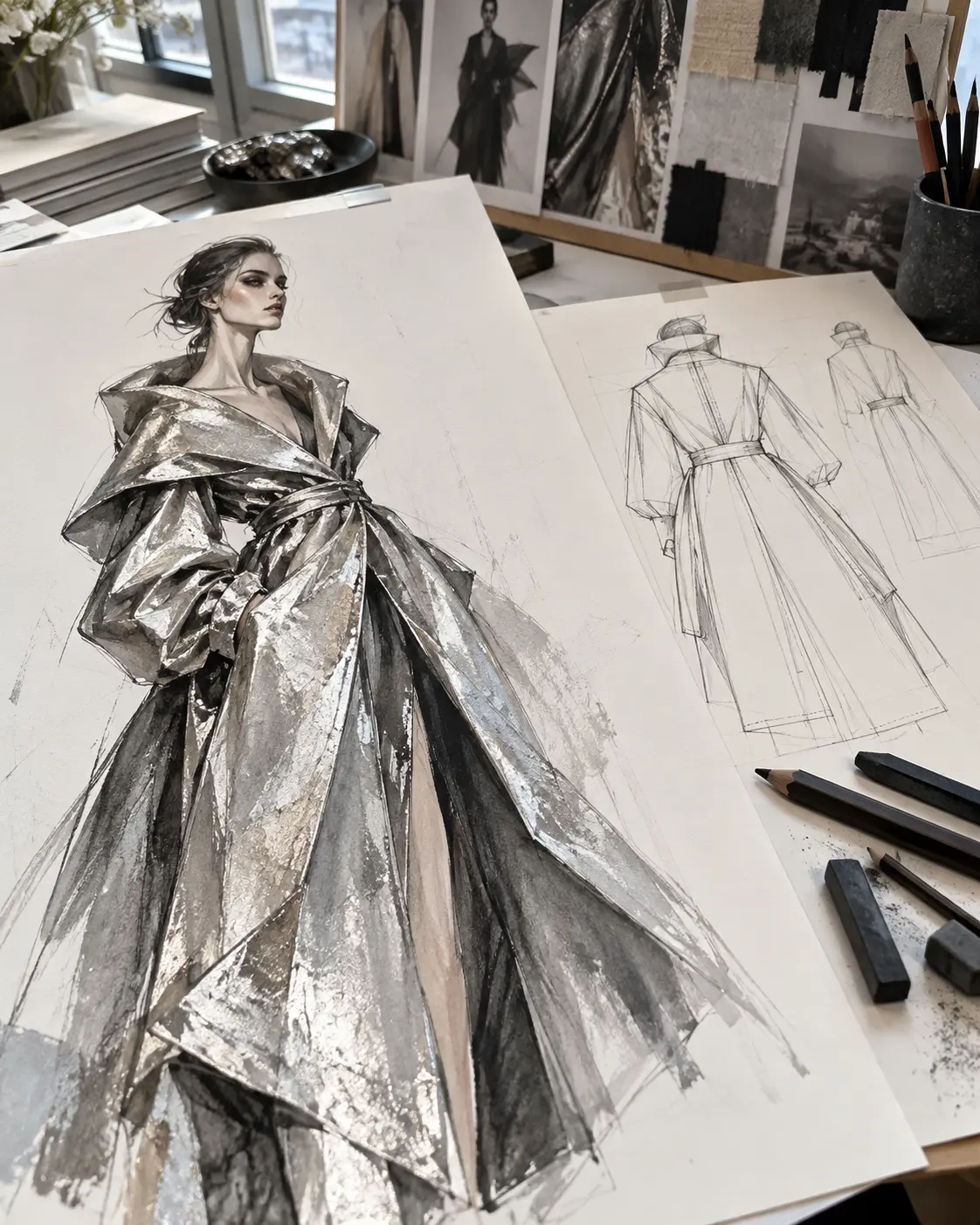 HD original AI-rendered fashion artist's table with metallic avant-garde coat illustration and garment construction sketches
