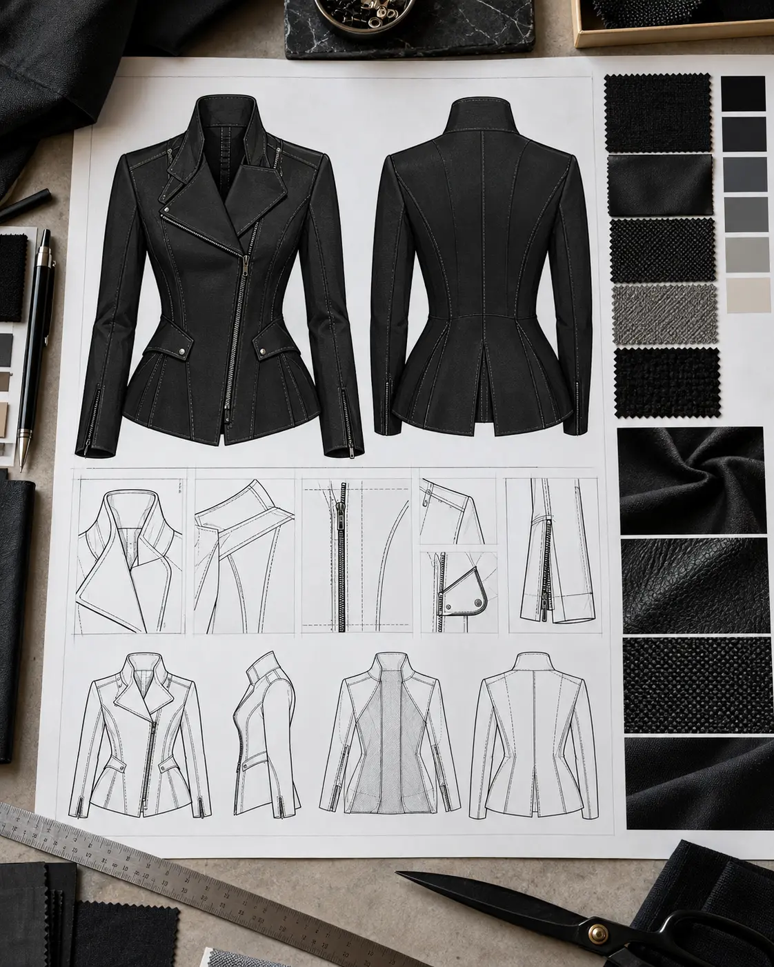 HD AI-rendered flat lay of front and back black jacket technical flats, fabric samples and construction details