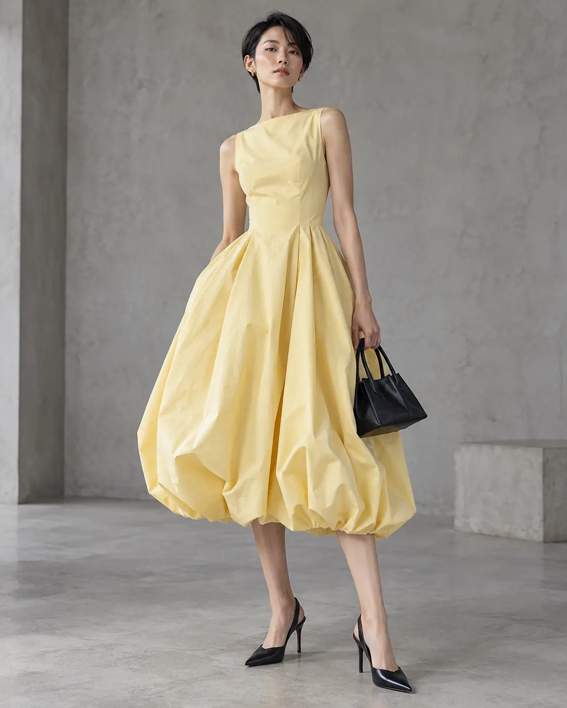 HD AI fashion editorial showing butter yellow architectural volume midi dress and minimalist accessories